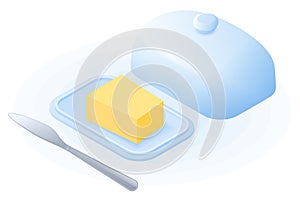 Flat isometric illustration of butter dish with lid and knife.