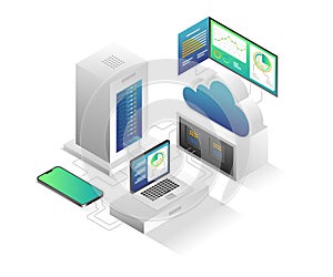Flat isometric illustration cloud server analysis computer