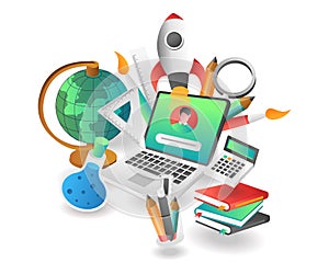 Flat isometric illustration concept. creative online back to school tools