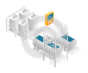 Flat isometric illustration concept. dairy industry pipelines and tanks