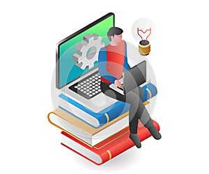 Isometric illustration concept. online learning process on a pile of books