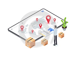Flat Isometric illustration of man selects franchising location on ecommerce platform. Represents decision making process in