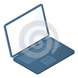 Flat isometric illustration of opened laptop. Portable computer
