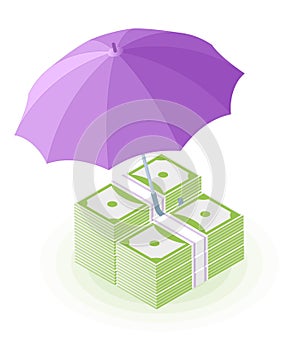 Flat isometric illustration of pile of banknotes under the umbrella.