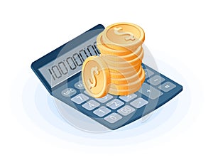 Flat isometric illustration of pile of coins on the electronic calculator