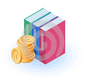 Flat isometric illustration of pile of coins near the folders