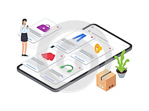 Flat Isometric illustrations of women using smartphones to create wish lists on ecommerce platforms. Perfect for showcasing
