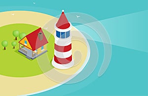 Flat isometric lighthouse icon on blue sea, illustration vector background