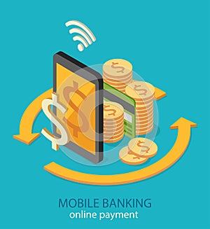 Flat isometric mobile online payment concept web infographics vector illustration