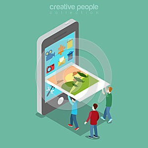 Flat isometric people picture phone screen vector.
