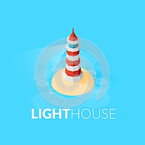 Flat isometric red lighthouse icon on blue sea