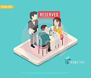 Flat isometric restaurant table on smartphone vector illustration. 3d isometry online mobile reservation app concept.