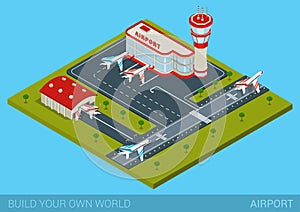 Flat isometric style airport building, hangar, runway, airplanes