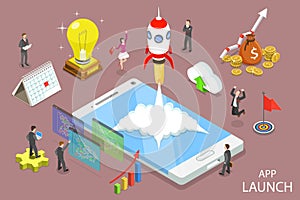 App launch flat isometric vector concept.