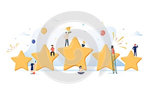 Flat isometric vector concept of five stars, best rating, customer feedback, positive review. Winner award First place