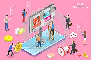 Flat isometric vector concept of mobile advertising, social media campaign.