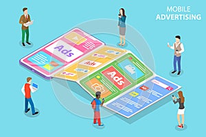 Flat isometric vector concept of mobile advertising, social media sponsored ads.