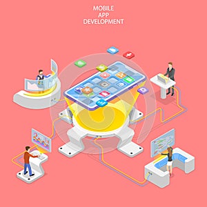 Flat isometric vector concept of mobile app development, programming.