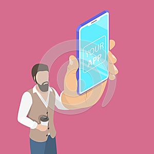 Flat isometric vector concept of mobile app launch, startup idea.