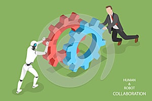 Robot and human collaboration isometric vector.