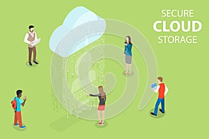 Flat isometric vector concept of secure cloud storage, big data.