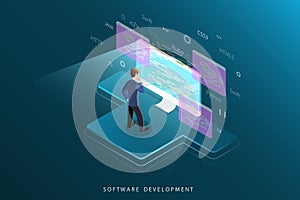 Software development flat isometric vector concept.