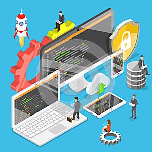 Software development flat isometric vector.