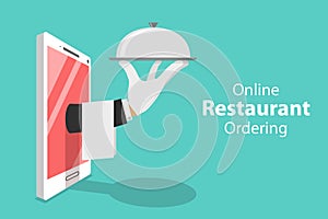 Flat isometric vector concept of table online reservation, mobile booking.