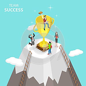 Flat isometric vector concept of team success, effective teamwork.