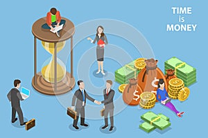 Flat isometric vector concept of time is money, income growth, roi.