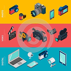 Flat isometric vector digital electronics photo video equipment