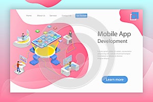 Flat isometric vector landing page template of mobile app development.