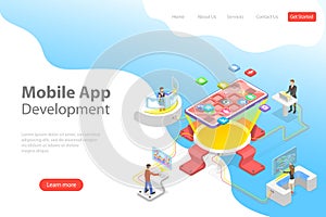 Flat isometric vector landing page template of mobile app development.
