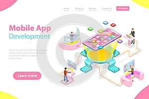 Flat isometric vector landing page template of mobile app development.