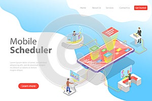Flat isometric vector landing page template of mobile scheduler
