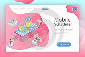 Flat isometric vector landing page template of mobile scheduler