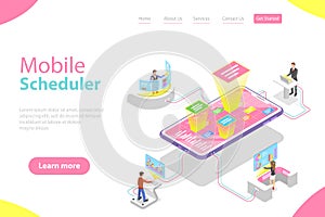 Flat isometric vector landing page template of mobile scheduler