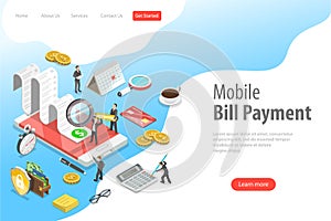 Flat isometric vector landing page template of online bill payment, shopping.