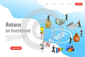 Flat isometric vector landing page template of return on investment, roi.