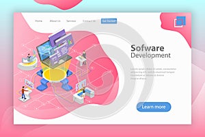 Flat isometric vector landing page template of software development.