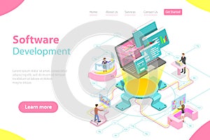 Flat isometric vector landing page template of software development.