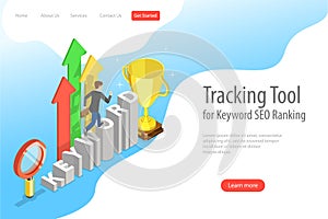 Flat isometric vector landing page template of tracking tool for keyword ranking