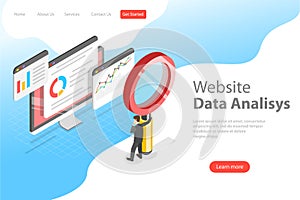 Flat isometric vector landing page template of website data analysis.