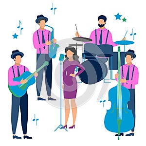 Flat Jazz music in minimalist style. The band performs on stage. Musical instruments. Cartoon raster