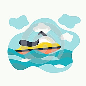 Flat jet ski. Hydrocycle in the waves. Water bike. Vector.