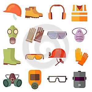 Flat job safety equipment vector icons set