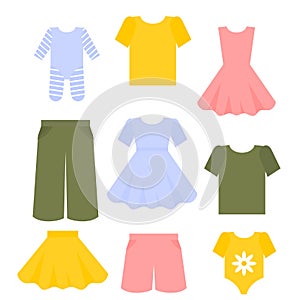 Flat kids clothes set. Children outfit fashion collection. Dress, pants and t-shirt