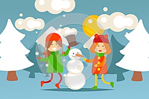 Flat kids sculpt snowman outside, frozen weather vector illustration. Girlfriends spend time together on winter vacation photo