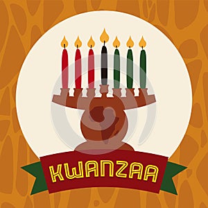 Flat Kinara Icon with Lighted Candles and Ribbon, Vector Illustration