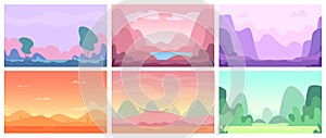 Flat landscape. Gaming stylized backgrounds with trees sky and mountains exact vector abstract nature pictures